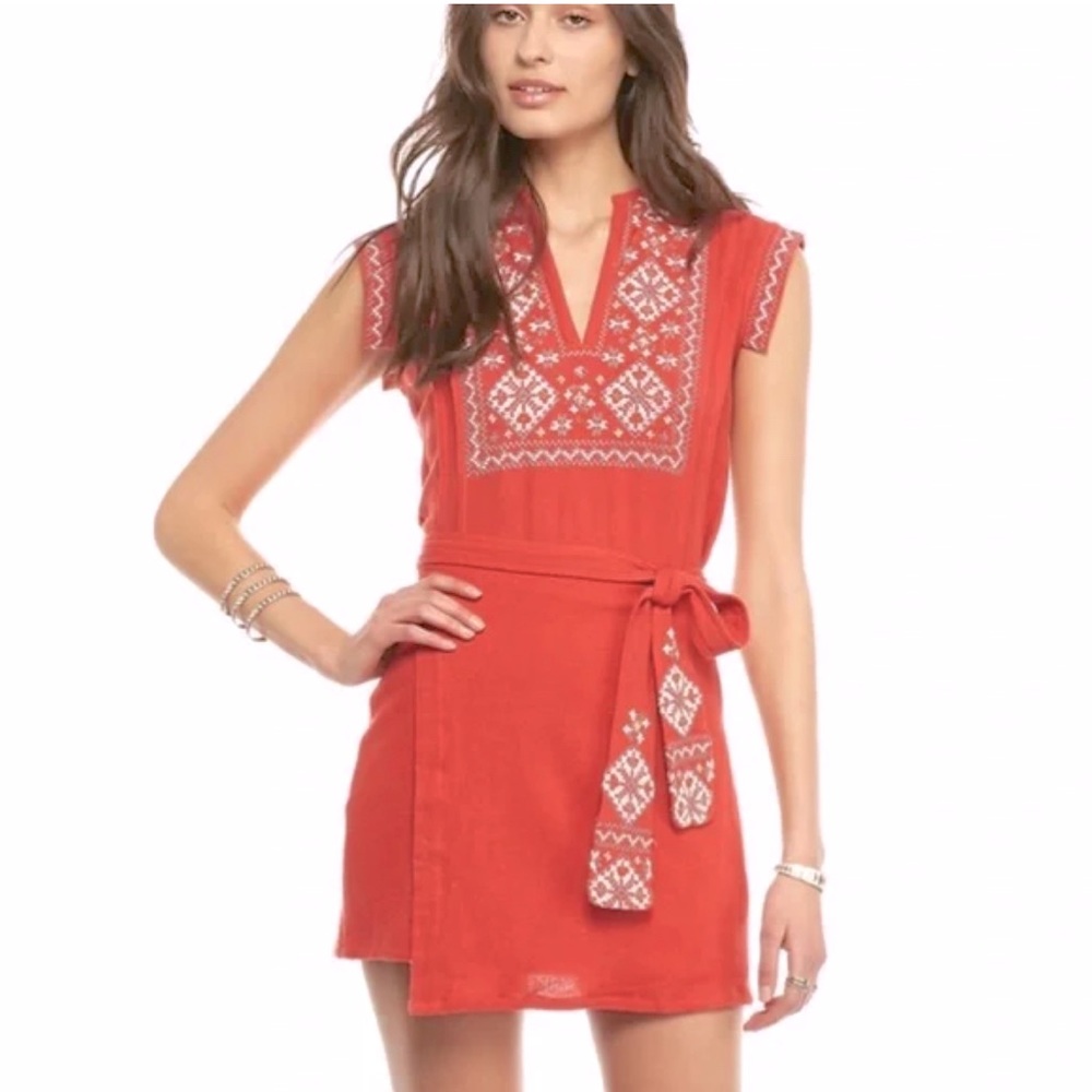Free People Running Wild Embroidered Mini Wrap Dress in Papaya, Size XS